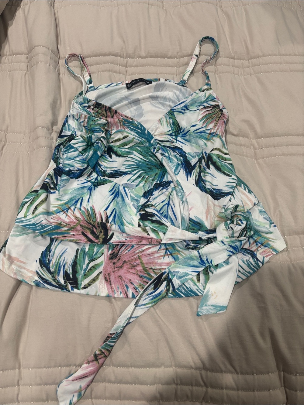FTF Tropical Leaf Print Wrap Cami Tank Top - White Multi